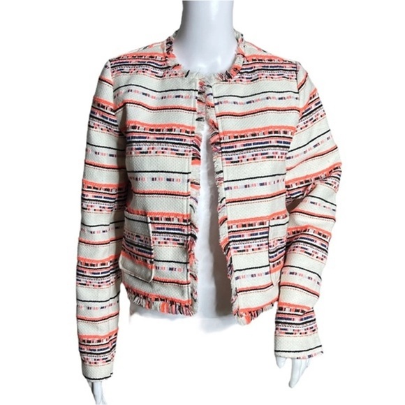 Anthropologie Jackets & Blazers - Anthropologie x Belle Vere Size Small White Neon Pink Black Stripe Tweed Blazer